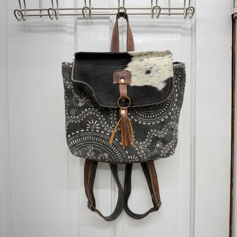 Myra Bag Carry Me back pack cow hide white grey paisley‎ canvas 10.5 x 3.5 x 9.5